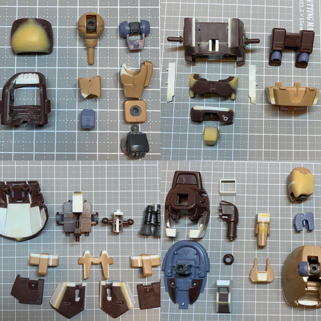 肩はボリュームが、足りないように感じたのでパテをもってます。内側に軸が見えてしまうのでカットして装甲的なディテールを追加。肘関節が見えすぎるので二の腕と前腕をプラ材で延長して隠しました。結果的に可動域は制限されますが、基本的にあまり動かさないので見栄え重視。手首は一旦切り離しシャープに削り込んみ、前腕を短くして再接着。二の腕も短くしています。腕は長いと感じるので短くする傾向があります。逆に長くする方も多いようなので、この辺は好みの問題かと思います。胸は厚みが足りないような気がするので分解して加工しています。エリは肩と一体になっているので作り直しています。色分けが必要なのでこの方がメリットがあるように思います。腰回りは全体的に「足りない」ので、あっちこっち足しています。スネも「足りない」ので、足しています。足首は形が違うのでこちらも足したり削ったりしています。特にUCの脚は「ドム 」の形に近いため調整に時間をかけました。