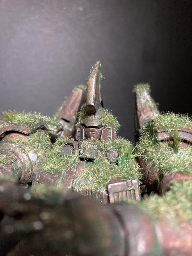 錆塗装はシタデルカラーで、苔はタミヤのウェザリングカラーで塗りました。電車の草はジオラマ用のものを使わせて頂きました。