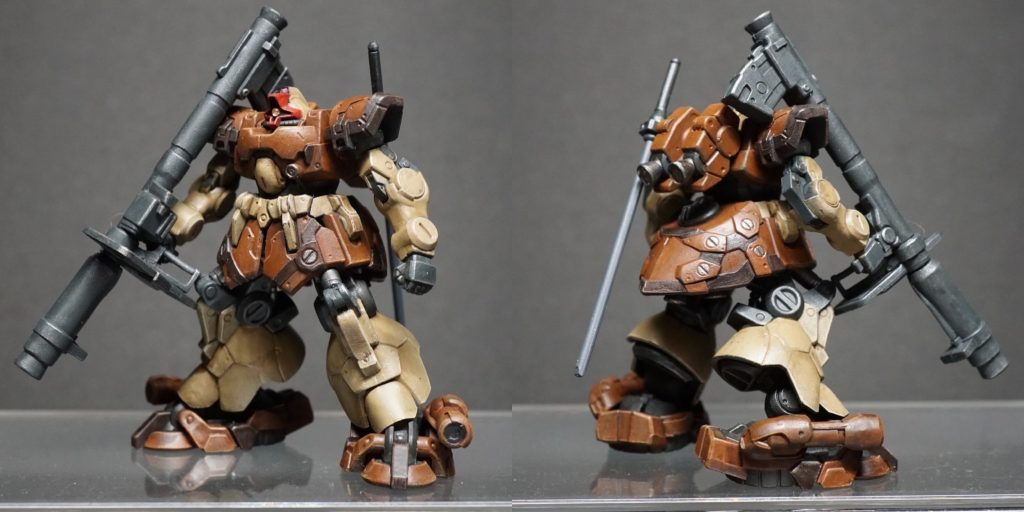 ドムトローペン。モノアイにガンダムマーカーEXシルバーを裏塗りしたHアイズの1mmを貼り付けています。手元にピンクのHアイズしか無かったので、ユニコーンverカラーにしています。(0083verは通常カラーもサンドカラーもモノアイの色が緑でした)グリーンも買い足したので、そのうち通常verでも作りたいです。