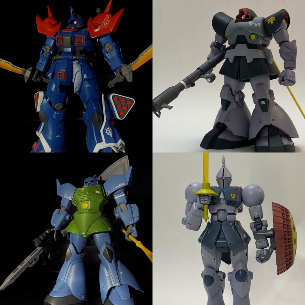 MS-08イフリート改(ニムバス機)、MS-09ドム(ガイア機)、MS-14ゲルググ(アナベルガトー機)、YMS-15ギャン(マ・クベ機)