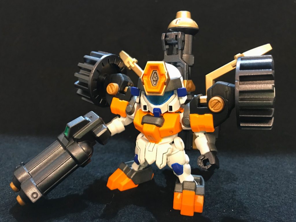 烈帝城守備隊③【重砲火兵】烈帝城守備隊の中でも限られた者だけがなることを許される兵である。鉄機武者の技術の応用で開発された特殊な鎧を装着しており、烈帝城に近づく者を遠距離から叩くことが任務である。BB戦士爆炎頑駄無のパーツをミキシングしました。カラーリングのモチーフは量産型ZZです。