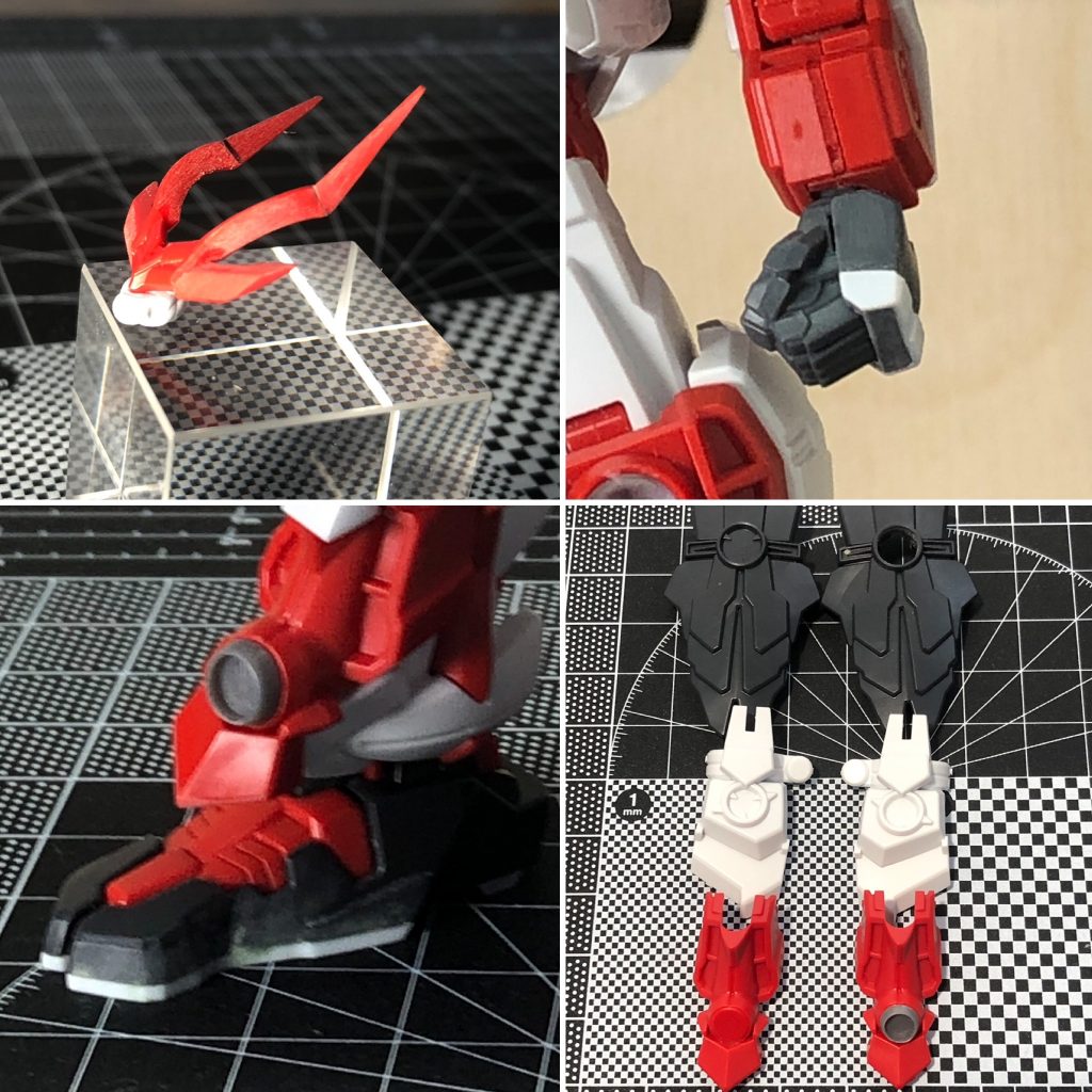 製作過程の写真を何枚かアンテナ(?)の角度を一度切り離して好みの角度に変更。足裏が薄い気がしたのでプラ板で厚みを増やしています。握り拳はビルダーズパーツを改造。