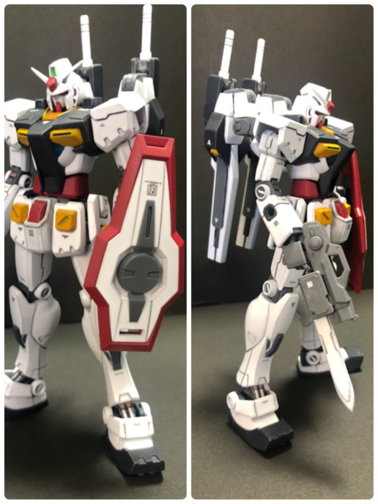 両サイドから。シールドはそのままですが回転軸で上下入れ替えが可能。ビームライフルは下部にGNソードを模した銃剣をつけました。
