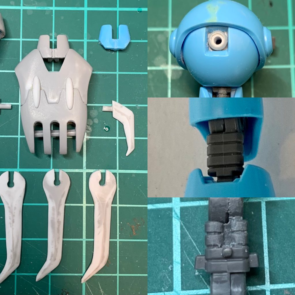 腕です。手首はプラ板の箱組みと削り出しで構成されています。腕との接合部はキットのパーツを加工しています。爪は大きい3本はあとハメ、可動できるように調整しました。腕はキットのパーツが使えます。内側のパイプのモールドは省略されているので彫刻して再現しました。ABS樹脂のためヤスリでの削り加工が難しく、極力デザインナイフで整えました。肩のノズルはディテールが甘いため作り直しています。塗り分けも細かく大変そうなので別パーツにして塗装後に合体です。