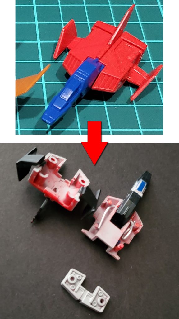 主翼は可変できるよう切り離し、コックピットにはピンバイスで穴を空け、ワイヤーで回転軸を作り変形させてみました。