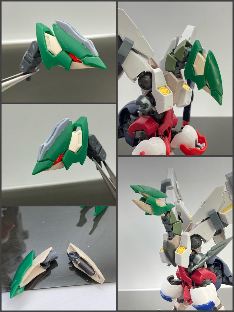 今回GBS機体としてはバードモードの顔をフェニーチェの肩、膝等のパーツで構成してます。顎を開閉式にして砲身を仕込むのが地味に大変でした_(:з」∠)_