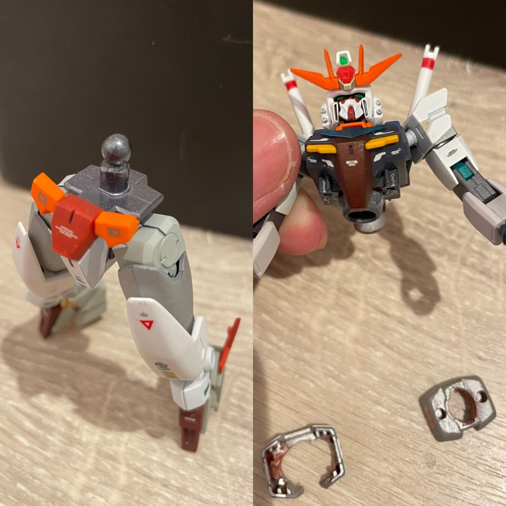 下半身の接合部をボールジョイントにします。※MSGのジョイントセットBを使用。上半身の付け根にはボールジョイントをはめ込む側を仕込みます。あとは上下を被せるだけです(=゚ω゚)ノ基本的にはこれで割りと自由に動くようになりますが、より屈ませたり反らしたりしたい場合は干渉する箇所を出来るだけ薄く削りまくって、実際に動かしてはまた削って納得できるまでそれを繰り返しましょう。大雑把な解説になってしまいましたがこんな感じです。わかりづらくてスミマセン( ̄▽ ̄;)