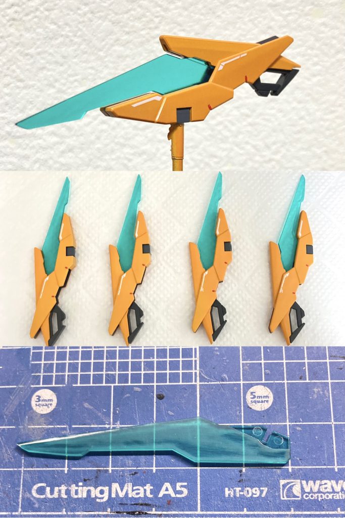 【お気に入りポイント②】Fファンネルは今作の中で特にカッコよくできた箇所だと思います!クリアパーツは1000〜10000のヤスリで研ぎ出しを行い、クリアを薄く吹きつけてピカピカに✨そのままでも綺麗だと思っていたクリアパーツが、ヤスってみたらヒケだらけでびっくりでした笑ラインデカールはRGデスティニーの物を使用しました。