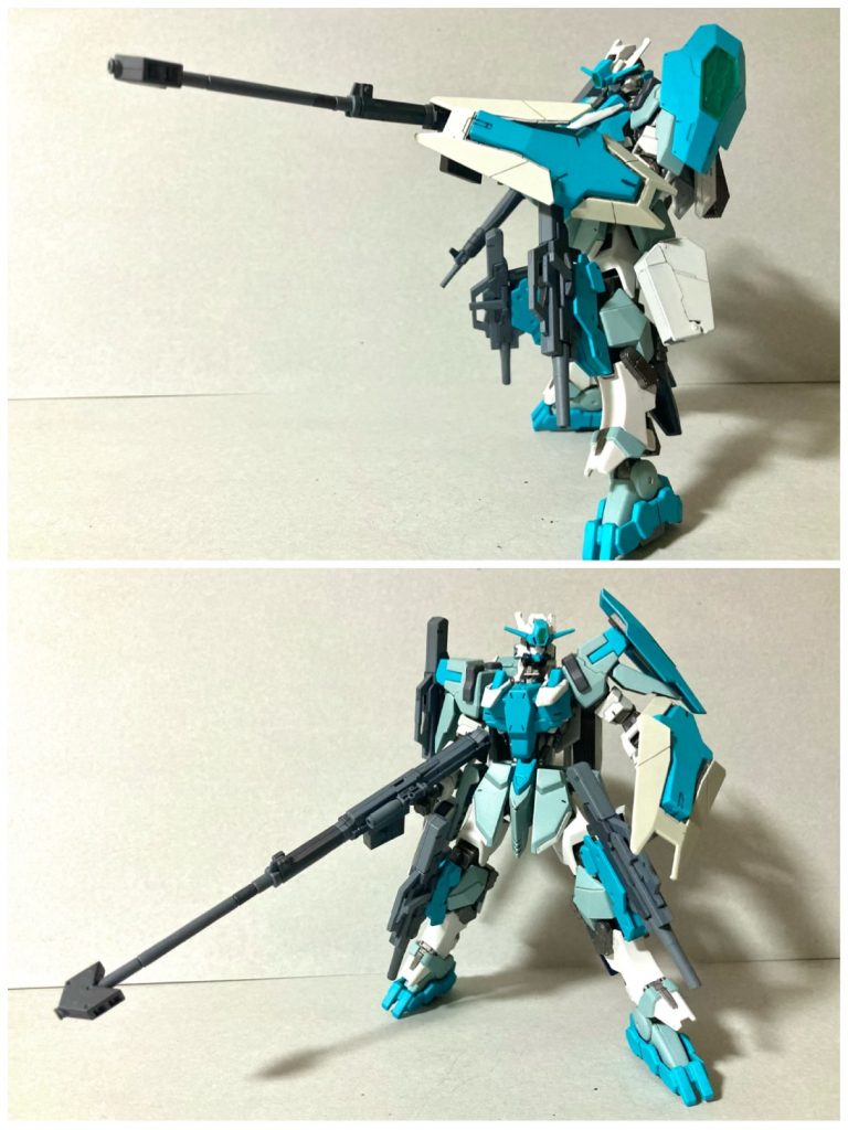 57mm滑腔砲。後に開発されバルバトスが使用した滑腔砲のプロトタイプ。主に超遠距離からの狙撃に使用する。ちなみに、肩シールドのクリアパーツは鉄血ではどうかな?ですが、趣味としてそのままクリアグリーンにしました。