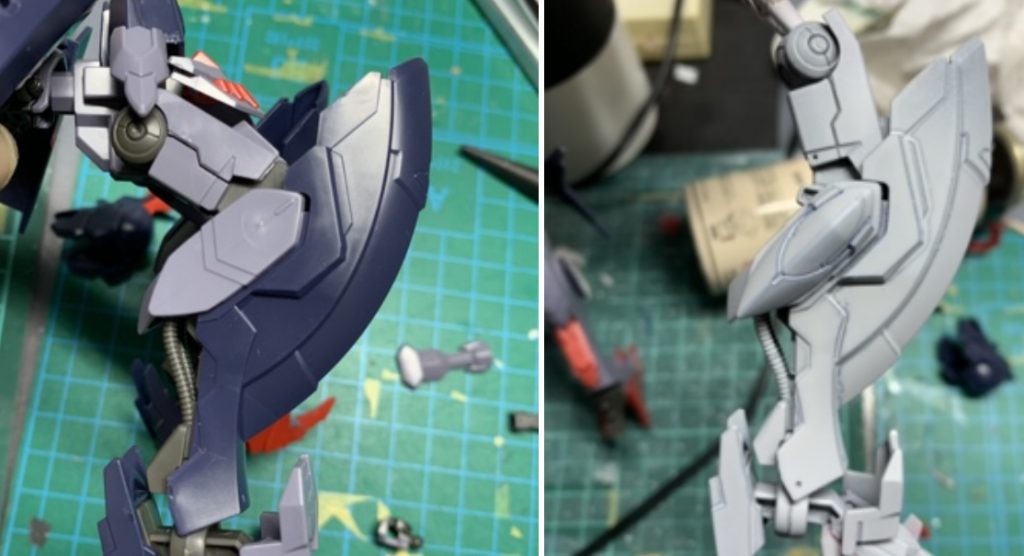 MGバルバトス を知った後だと些か脹脛が寂しかった為RGウイングゼロEWの腰パーツを流用、足りない分はおゆまる複製しました。