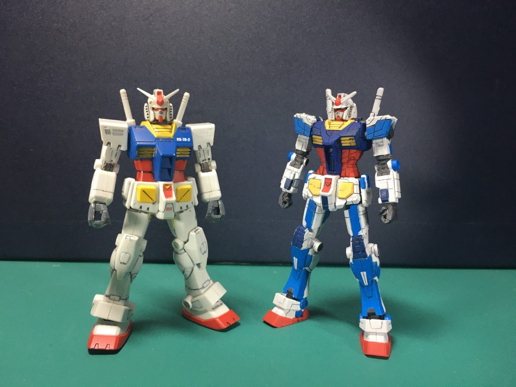 スピードグレードコレクションのガンダムとともに。同じ1/200スケールとはいえ、F00は可動を犠牲にディテール再現とスタイリングを重視した造形ですね。 塗装は全てガンダムマーカーです。こちらもスジ彫りを彫り直して筆塗りです。紺=ガンダムマーカー ティターンズブルーライトブルー=同ライトブルーグレー=同MSVダークグレー