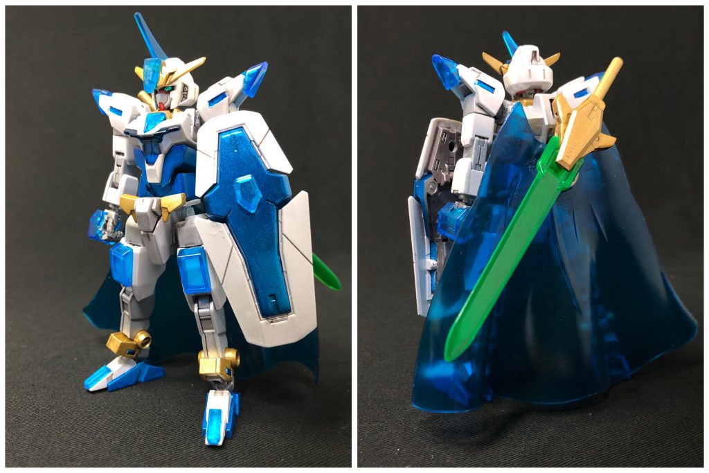 [ナイトコアガンダム]ダイバー[クロノ]が麒麟を守護する目的で騎士型に改修したコアガンダム。全身に超硬質クリスタルを装備しており、見た目以上に防御力が高い。剣をメインに戦うが、忍者型のハヤテと同様に斬撃を飛ばすことで遠距離にも対応する。他にも拳での格闘やランスビットも扱えるなど、オールラウンダーな一面もある。最初は騎士や剣士、勇者などをモチーフとして作っていましたが、いつの間にかゼルダの伝説(ブレスオブザワイルド)のリンクの要素がチラホラ。弓矢も持たせれば、よりそれっぽい感じになりそうですが、その場合マントは邪魔か。