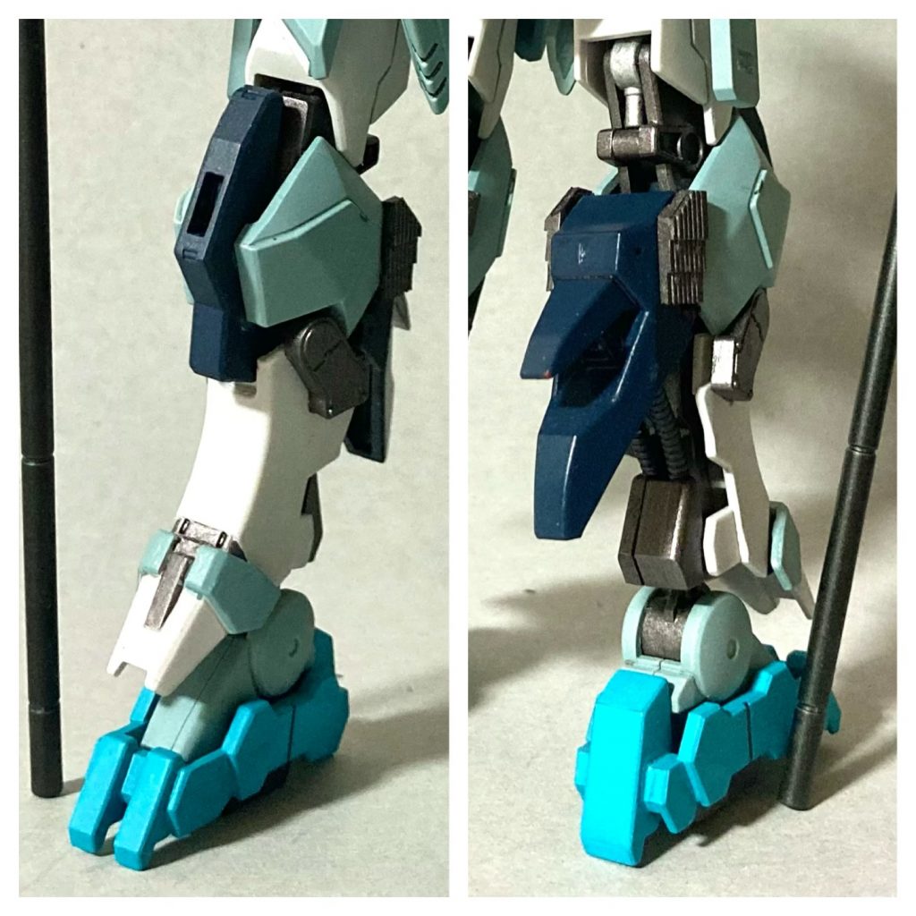 今回、いちばん苦労したのが脚部。スネ部分はアスタロトの装甲を切り取って使用。膝周りはケルディムサーガのものを切り出し、ガンダムフレームに合わせて加工。ジャンクパーツと合わせて形を整えました。また、スネの先にはウイングガンダム炎のパーツを追加しています。