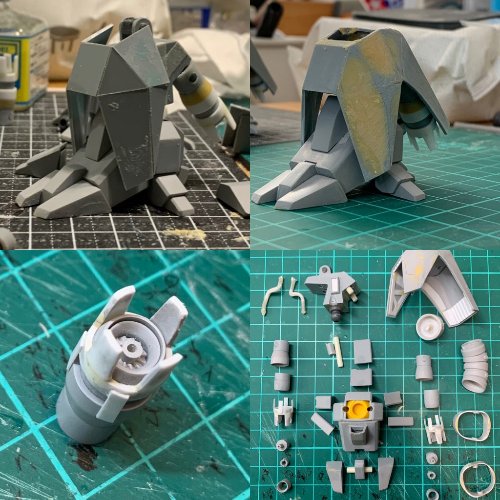 脚部は、ほぼほぼプラ材です。特にスネの曲面は何度か作り直して納得いく形にしました。ふくらはぎのノズルも意外と形が複雑でパーツ数が多くなってしまいました。逆に足首はほとんど箱だったので占める体積の割に手間はかかりませんでした。