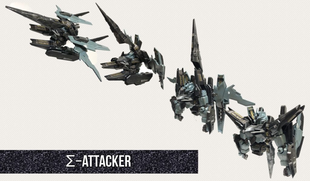 ・Σ−アタッカー上半身が可変した形態。テルティウム−Σのメインパイロットが搭乗する。SガンダムのG−アタッカーと同じく、本体のメインバックパックを推力とする為非常に機動性が高く、メイン武装としてビームライフル2挺を装備する為、攻撃力も高い。