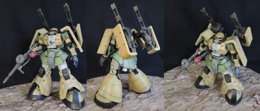 ガトリング・ガンを２基備えた背面ユニットにより、上半身がかなりボリューミィになりましたが、ドム系の脚部を採用することで、全体的にバランスをとることができたと思います。