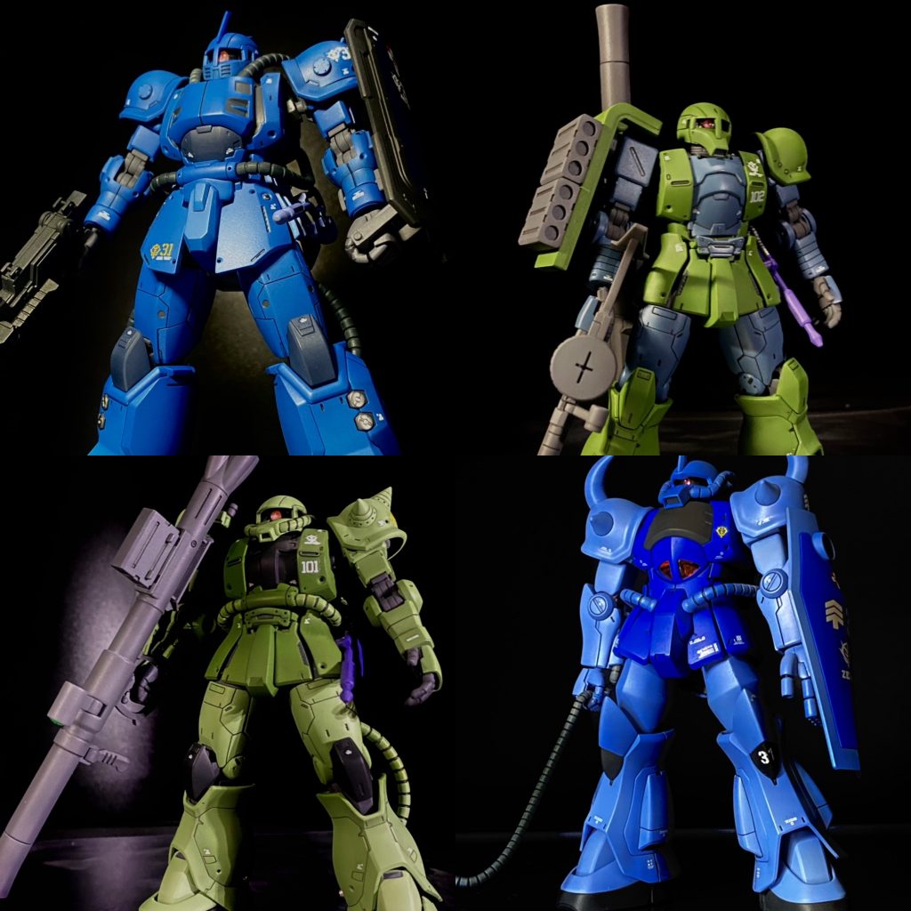 MS-04ブグ(ランバラル機)、MS-05ザクI(スレンダー機)、MS-06ザクⅡ(デニム機)、MS-07グフ(ランバラル機)