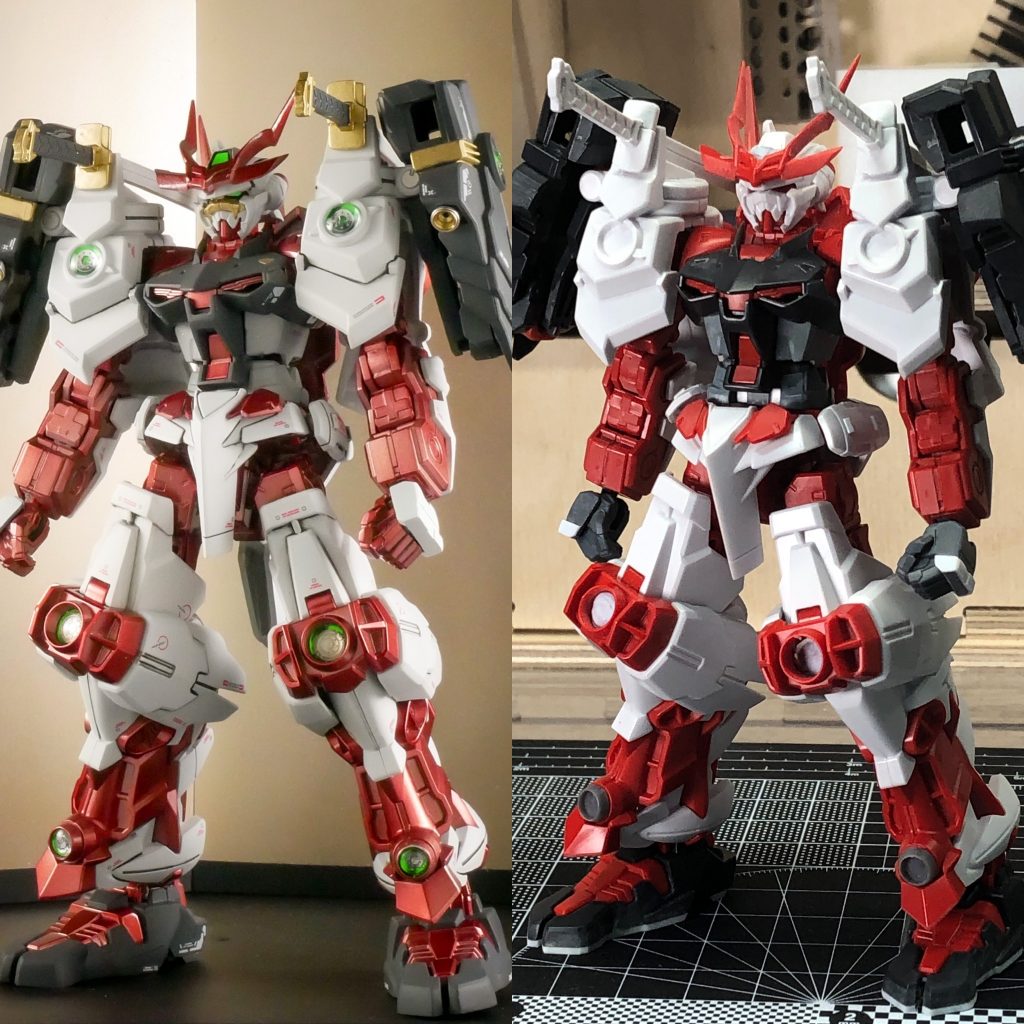 塗装前とのビフォーアフターです。赤装甲部分はシルバーを下地にGXカラーのディープクリアレッドでキャンディ塗装。ゴールドは筆塗りで塗り分けています。