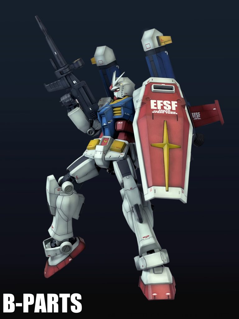 Bパーツは(Booster/推進器)の略であるとされ、V作戦の最初期に存在したとされる、¨飛行用ウィング¨をC.F.V.(コアファイターバリエーション)の技術を用いて強化発展した装備です。Aパーツのみを装備した形態を「ガンダム・スカイE(エンハンスド)」と呼称します。