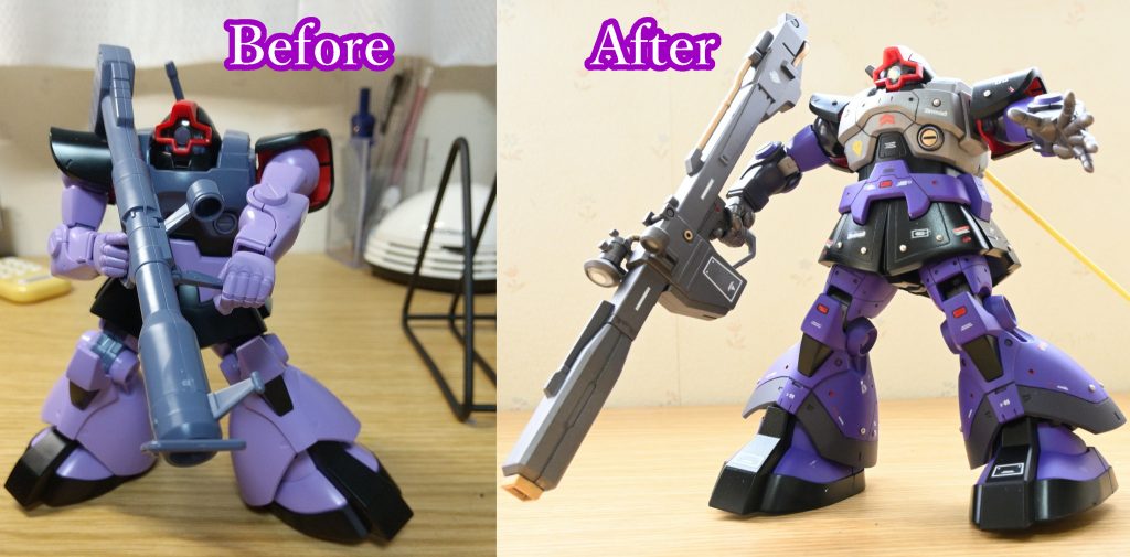 未塗装組み立てと、塗装後の完成品の比較。