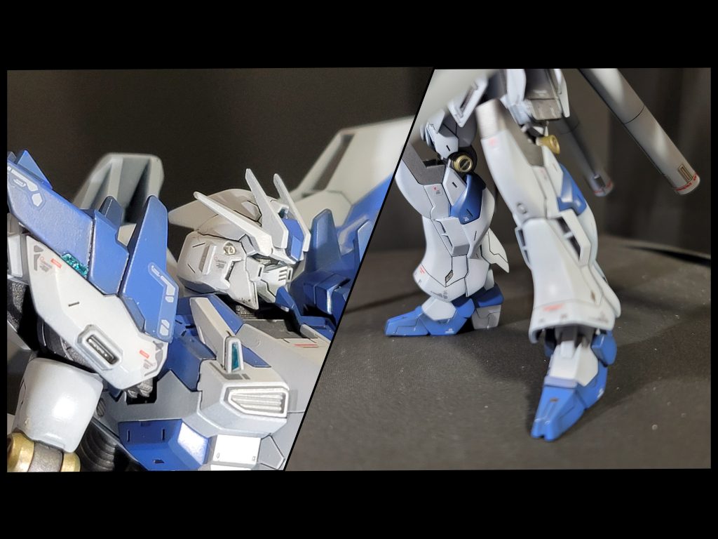 まず、マスク部に角度がつくように調整し、近年のHi-νガンダムの尖った顔に近づけました。また、脛部をプラ板で5mm程度引き出し、細い印象を無くそうとしました。(厚みは今の技術的にどうにもならず...)