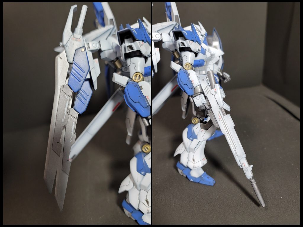 大型の実体剣は背部に磁石でマウントします。ビームライフルはRGシナンジュのライフルと組み合わせてます。