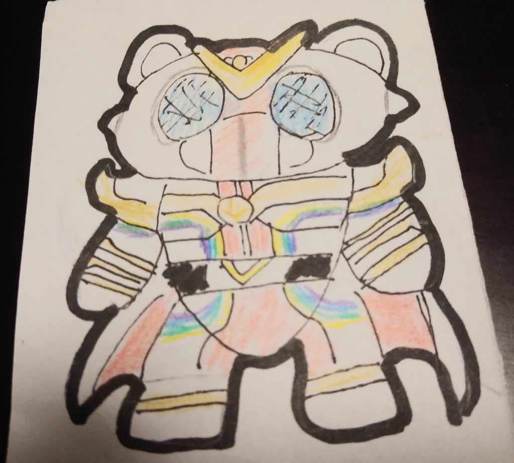 調子がよいと、絵を描いてイメージします。製作工程としては、プチの口元を失くし、重ねたプラ板とエポキシパテで埋めました。 Vアンテナは、プラ材。「45」は、プラ板。胸▪肩のアーマー、ベルトのバックル、耳、マントに付属?の襟巻きは、エポキシパテ製です。