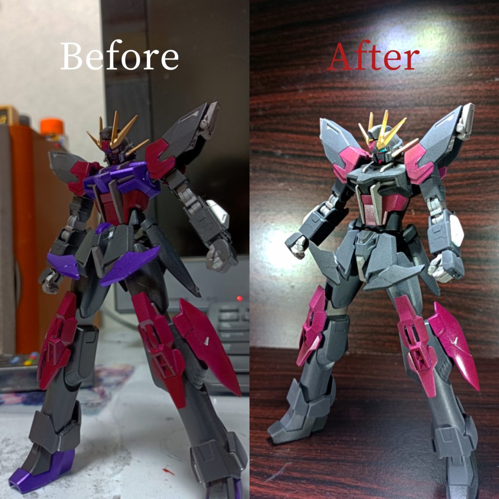 メタリックパープルだと主張が強すぎと感じたのでつや消しブラックにしてみました。  設定としてはテストカラーからロールアウトカラーに変更されたという感じです。https://gumpla.jp/hg/956631↑                    前回の投稿です