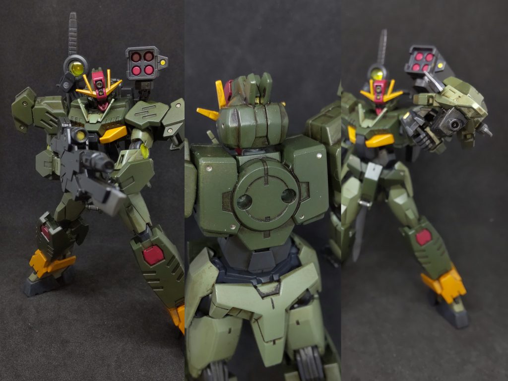 ホイルシール部分のうち、ヘビーマシンガンやミサイルランチャー、シールドマウントのセンサー部や後頭部カメラなど、外部に露出するところはシルバーとクリアーイエローで塗装。手足や背部のようなクリアーパーツの下地になってる部分は、背部部分がそのままだと穴が空いてたのでシールで蓋をした都合上、色味合わせでホイルシールを貼った上にクリアーパーツを使ってます。当初は全部、下地シルバー塗装でクリアーパーツのつもりだったんですが…背部パーツの穴埋めと迷って日和りました(;´Д`)