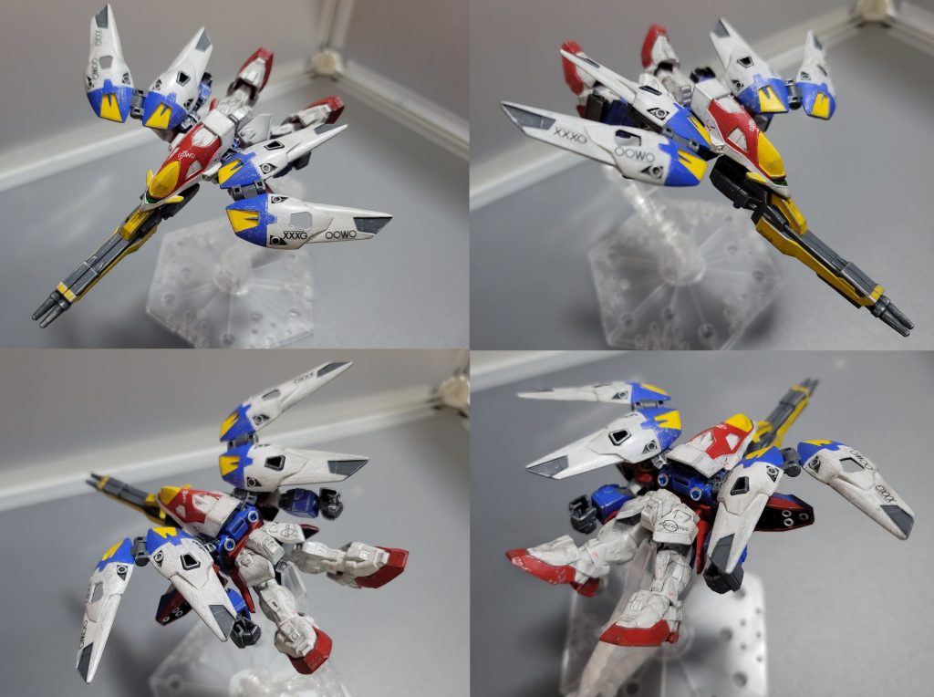 ニューバード形態に変形する…！だって、これはネオバードじゃないからね！パチった直後にツイートした通りあれこれ妥協さえすれば実はこのキット、なんと変形できますいやいやバンダイさん何故ベストを尽くさなかったのか......あんな使うことのないギミックよりツインバスターライフルの分割が欲しいです……！※ツインバスターライフル上部のダボを切ったので、シールドへの接続は裏に接着した磁石でしています
