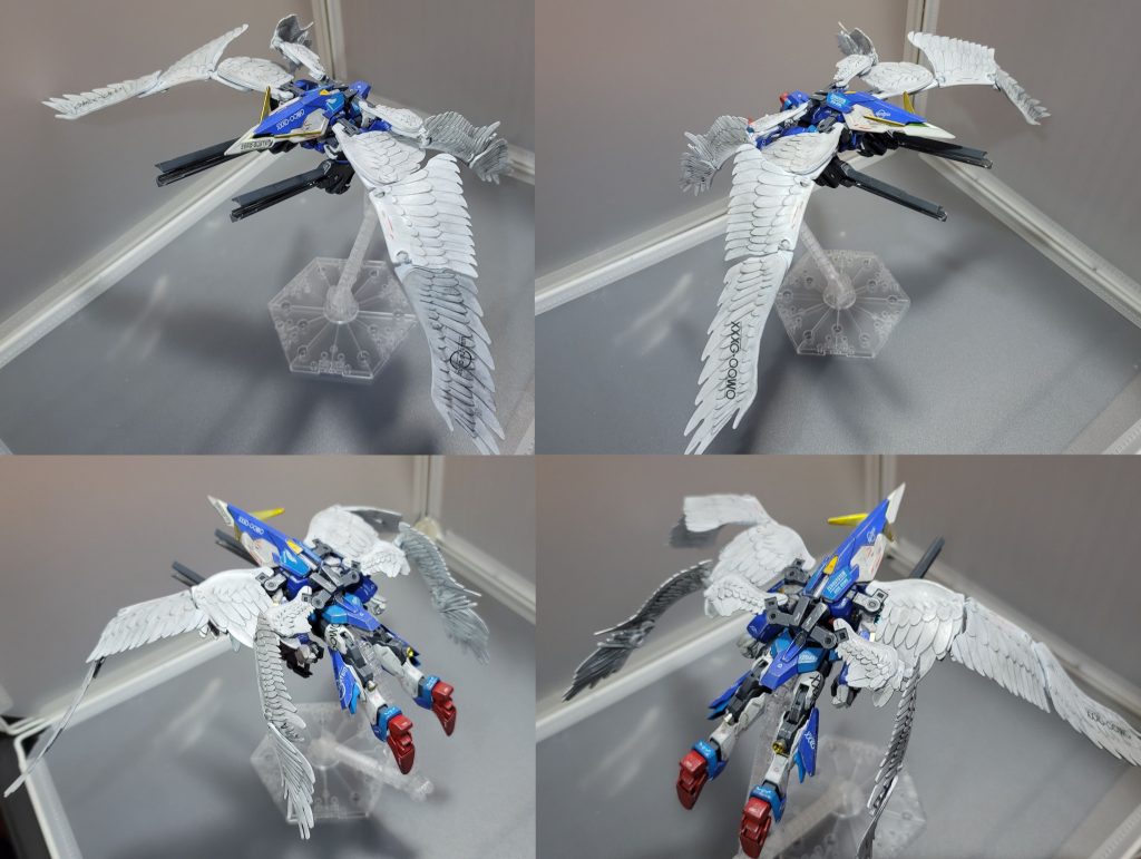 ネクストバード形態に移行する…！当機はウイングゼロEWとは似て非なるものなのでネオじゃなくてネクストバードです最初のデザインはスカイハイウイングスをリナーシタに着けて終わりみたいなものだがMG Ver.Kaに触発されてやっぱ変形も欲しくなってそこから無駄に難易度が高くなってしまいました……何が難しくというとシールドを接続するためのバックパックパーツを外せなくなって4枚羽を付けるには色んなジョイントパーツを足さなければならなかったのであるその分の重さもあって、スカイハイウイングス自体もそれなりに重いから何もかも落ち易くて辛い塗装後の最終調整で各関節に瞬着塗って補強したけどボールジョイント接続のところが未だに緩くて落ちやすいです