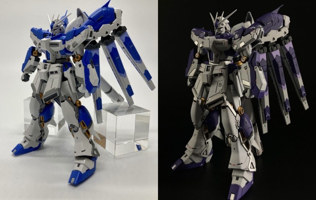 全体像のビフォーアフターです。左側が仮組み状態、右側が完成状態です。水色のパーツを薄紫に、青のパーツを紫に色を変更しています。Ver.Kaとかの紫のHi-νガンダムが好みなので、今回は色を変更して製作しています。