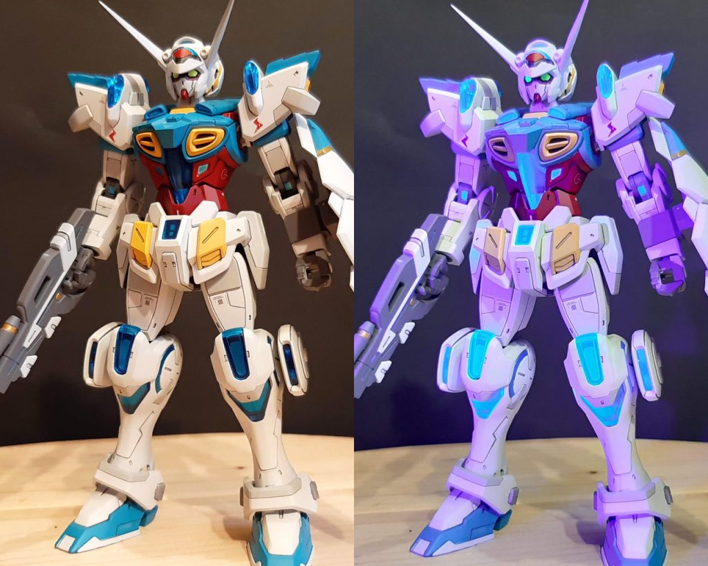 塗り分けで、アニメで青く光っている部分は蛍光ブルーでキャンディ塗装しました。結果、LEDライトで光ります。クリアパーツは元からLEDライトに反応します。