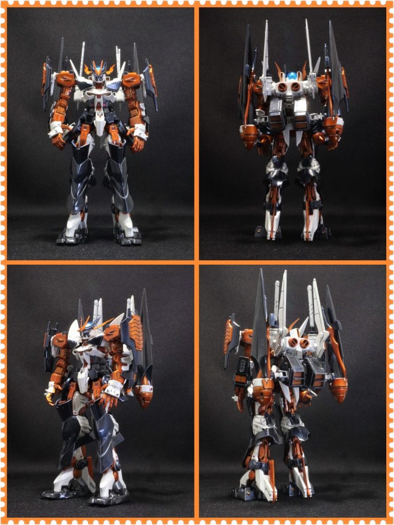 素立を各アングルから。頭部：ロードアストレイノーネーム胴体(上半身)：レッドフレーム＋マスラオ胴体(下半身)：ロードアストレイリベイク腕部(肩)：ロードアストレイノーネーム＋ディナイアル脚部パーツ腕部：レッドフレーム＋スターバーニングアームガード/クロー腕部(手)：マスラオ脚部：ロードアストレイノーネーム＋マスラオ脚部(スリッパ)：マスラオ＋ヴィダール爪先バックパック：レッドフレームフライトユニット＋M1アストレイ＋マスラオGNドライブ＋ビルダーズパーツ色々なパーツを使用した贅沢な機体です。
