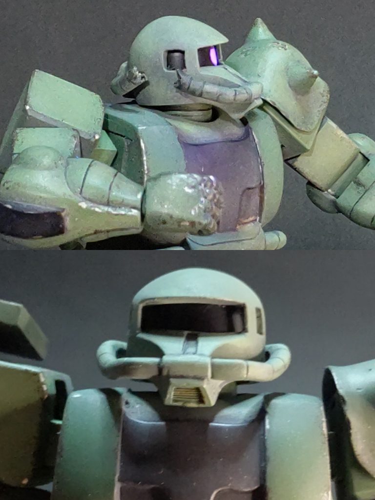 劇中の戦闘で破損する動力パイプと右肩シールドは差し替えで再現。シールドはネオジム磁石で着脱、破損状態の基部と交換でき、肩の後ろ側にも取り付けられます。モノアイは別パーツ化して可動。後ろに回して消灯状態も再再現