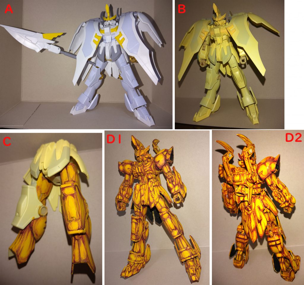 あまりお伝えする事が無いのですがA～Dにかけて筆塗りの進行具合です。A・筆塗り前の状態。アクティブクロークが閉じているのはこの時が最後ですね…B・今回は金色表現するつもりだったのでガイアのイエローサフを初めて使ってみました。C・足から塗り進めました。片足をある程度塗った状態で…3時間かかったので今後の作業量を想定したら…愕然としました(ノД`)・゜・。D・アクティブクローク無しの画像がコチラです。ぼかし塗り…というより、グラデーションっぽい塗り方ですね。
