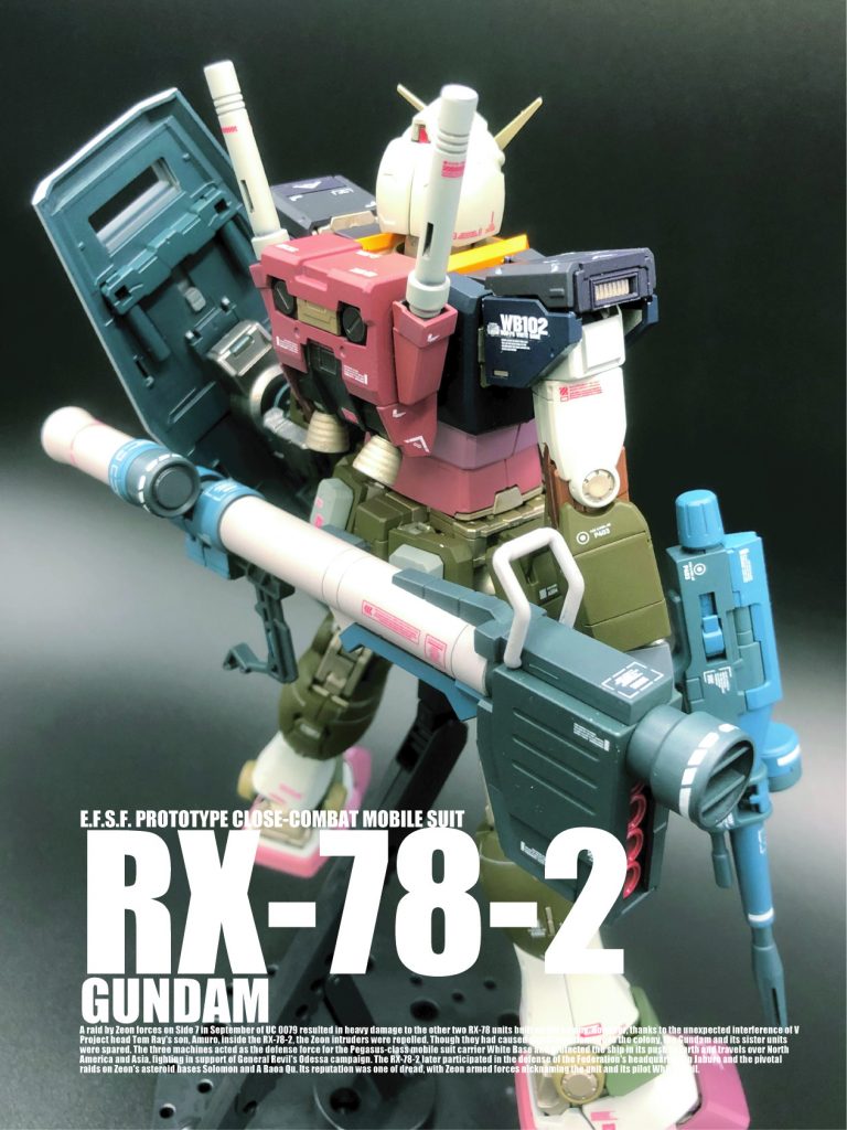 ・使用キット;MG THE ORIGIN RX-78-02 ガンダム・カラーレシピ ざっくりとしたレシピです。あくまで参考程度で。 白・・・ガルグレー+ホワイトで3種類調色 黒・・・ブラック+ブルー 黄・・・黄橙色 赤・・・あずき色+ホワイトで2種類調色 緑・・・オリーブドラブ(1) フレーム・・・シルバー+クリアーオレンジなどで3種類調色 武装・・・ミディアムブルー、ニュートラルグレー・デカール 市販品を数種類使用。