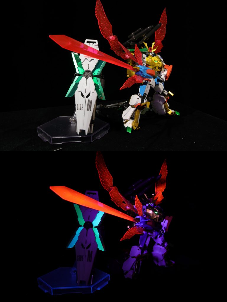 サンライズパースでクリアパーツを蛍光塗料でわざわざ塗りなおしているのですがあまりにもでかい＋ブラックライトの光源が足りないためちょっとあれな感じに（）あとHGUCダブルゼータ、キットの出来があれ過ぎる…ポーズ撮れない…