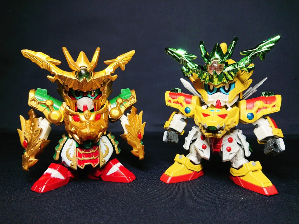 過去作から闘覇キットをベースにした三国伝オリジナル武将、シャッフル南蛮同盟から輝龍頑駄無の遠い子孫、金環三結ドラゴンと比較。