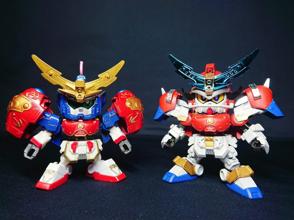 過去作から闘覇キットをベースにした三国伝オリジナル武将、シャッフル南蛮同盟から武者真紅主の遠い子孫、董荼那マックスターと比較。