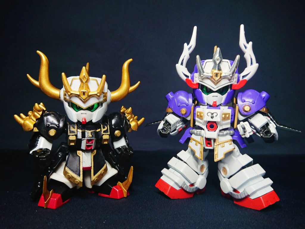 過去作から闘覇キットをベースにした三国伝オリジナル武将、シャッフル南蛮同盟から武者冒流刀の遠い子孫、鄂煥ボルトと比較。