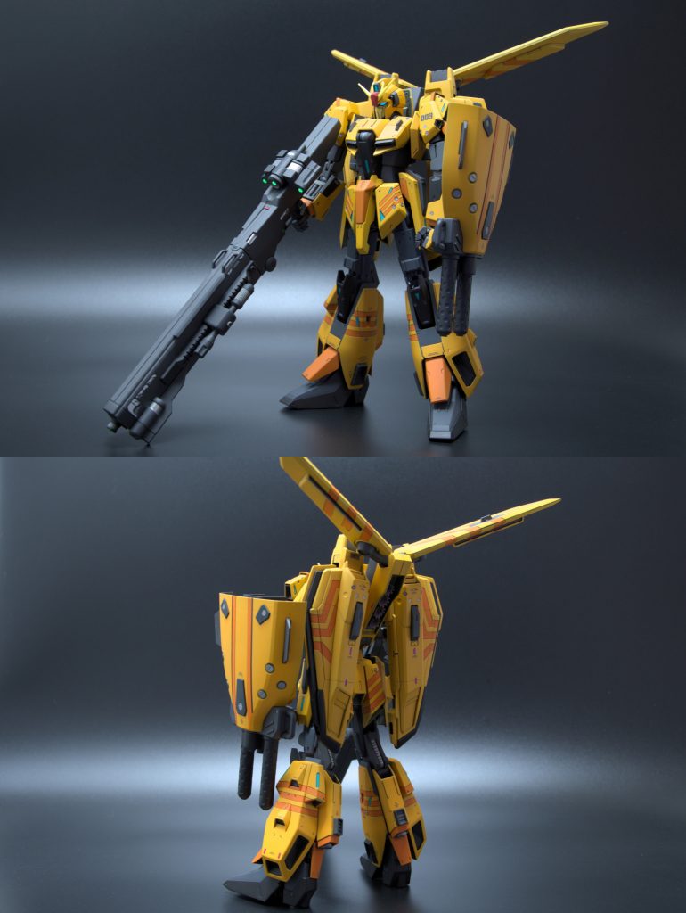 素組だとオレンジ、黄色の割合が大きすぎてのっぺりとした印象だったので、黄色成形のパーツをグレーに変更し、各部色分けも増やしてみました。特徴的なストライプは付属のシールが剥がれやすそうだったので全て塗装。マスキングが大変でした。各部プラ板やエッチングパーツでディティールアップ。