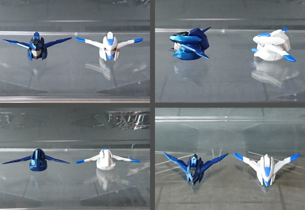 頭部の比較。ヘルメット・顔のパーツを削り込み、小型化しました。