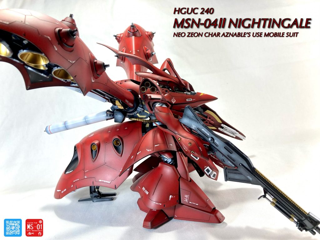 塗装‎今回はサフレス黒立ち上げグラデーション塗装に挑戦しました。‎外装はつや消し仕上げ。関節、内部機構、バーニアなど光沢仕上げで塗り分けました。パール塗装のグラデーションで金属表現にも挑戦してみました。カラーレシピ本体赤: GXブラック→自作オキサイド系ピンクでグラデ塗装→GXハーマンレッド→GXつや消しUVカットメタルブラック(関節・武器・バーニア外側など): GXブラック→ビスマスパールでグラデ塗装→GXクリアーUVカットゴールド(バーニア内側、パイプ類): GXブラック→ガイアのパールゴールド→ GXクリアーUVカットホワイト(プロペラントタンク):  GXブラック→GXホワイト→ GXクリアーUVカット 