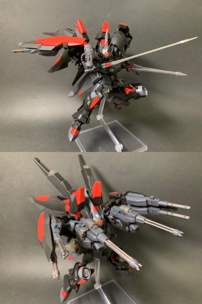 メイン武装のガトリング。両腕、両シールド裏に2基、合計6基搭載して幅広い射線をカバーできます。速射性に富んだ武装のため、広域に弾幕を張ります。