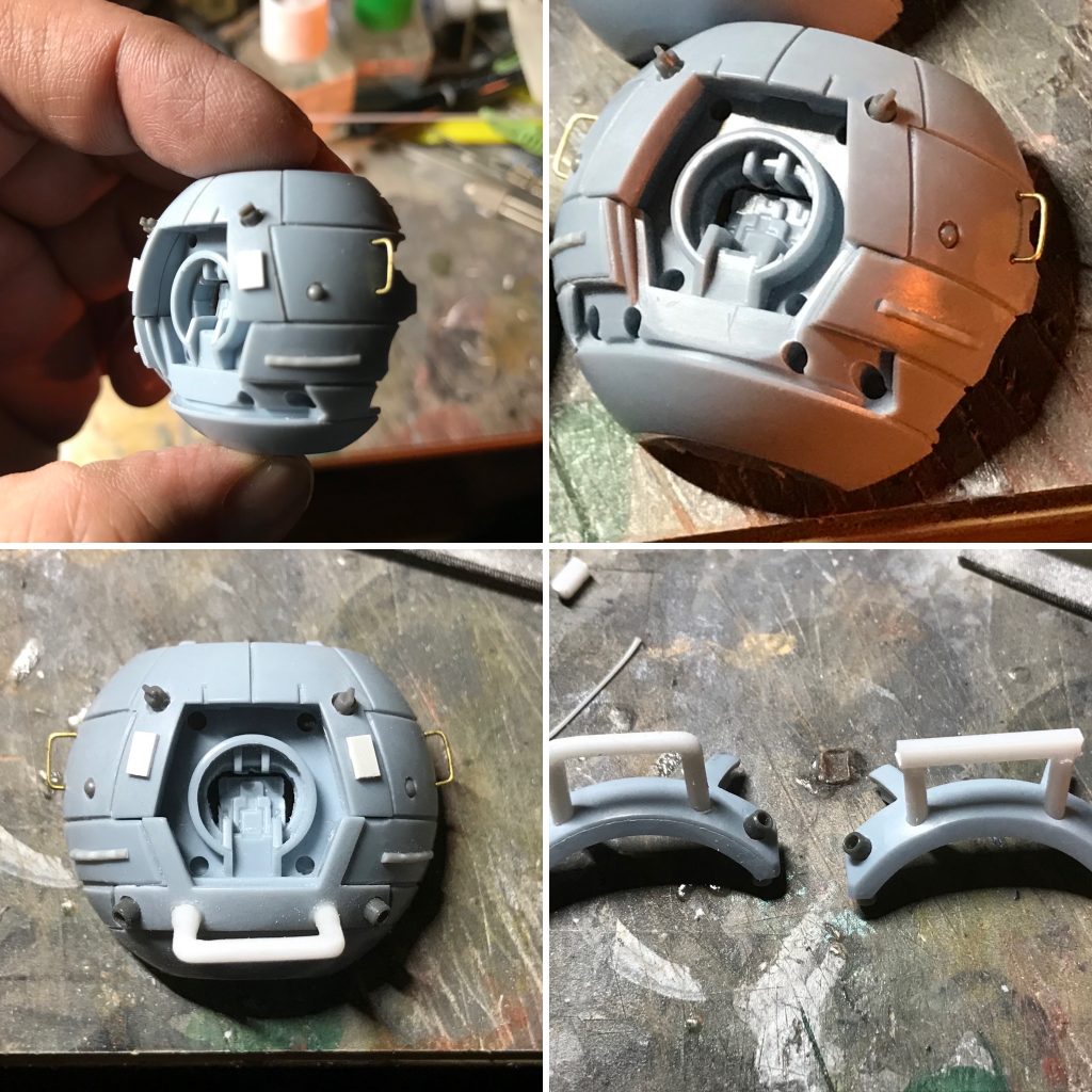 ボディパーツに、「プラ棒」,「プラ板の切れ端」,「真鍮線」,「プラパーツ」を貼り着け,埋め込む等をしてディテールアップ。