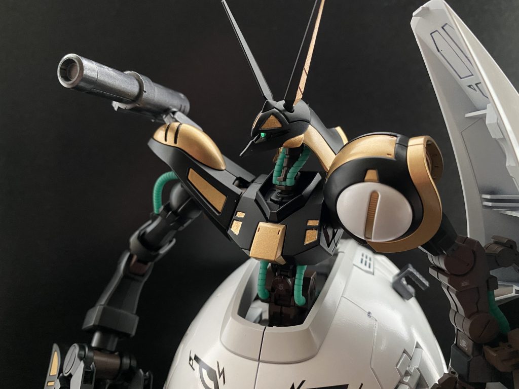 　機体バランスの低下に際し、本来左腕シールド内に内蔵されていた拡散メガ粒子砲は、カウンターウエイトの役割も兼ねて、右肩に装備される。フレキシブルに可動する基部ユニットにより、広い射角を持つ。クロー基部のビームガン、二連装ビームキャノン、これらにより本機の総合火力は、ベースとなった機体をはるかに超えるものとなっている。