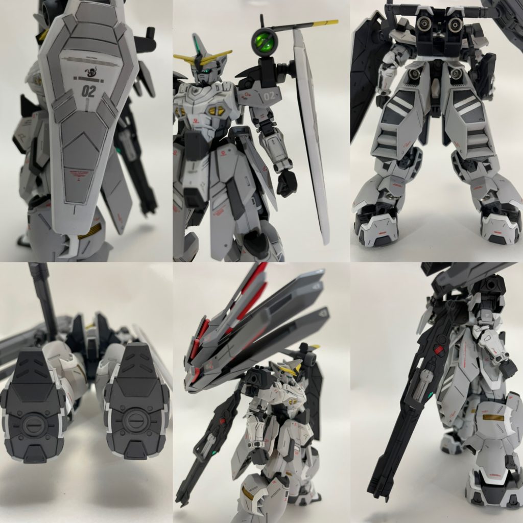重装ユニット各部は細かく塗り分けて情報量を増やしまた。足裏やミサイルランチャーの肉抜きはプラ板やランナーで埋めました。ビームキャノンも繋ぎ目を消しました。左肩の丸いセンサーはシールでの再現だったのでHアイズを取り付けて立体的にしました。各部バーニアはスターブライトジュラルミンでメタリック塗装でアクセントに。 最後までご覧いただきありがとうございました。本作品もヤフオクに出品中です。