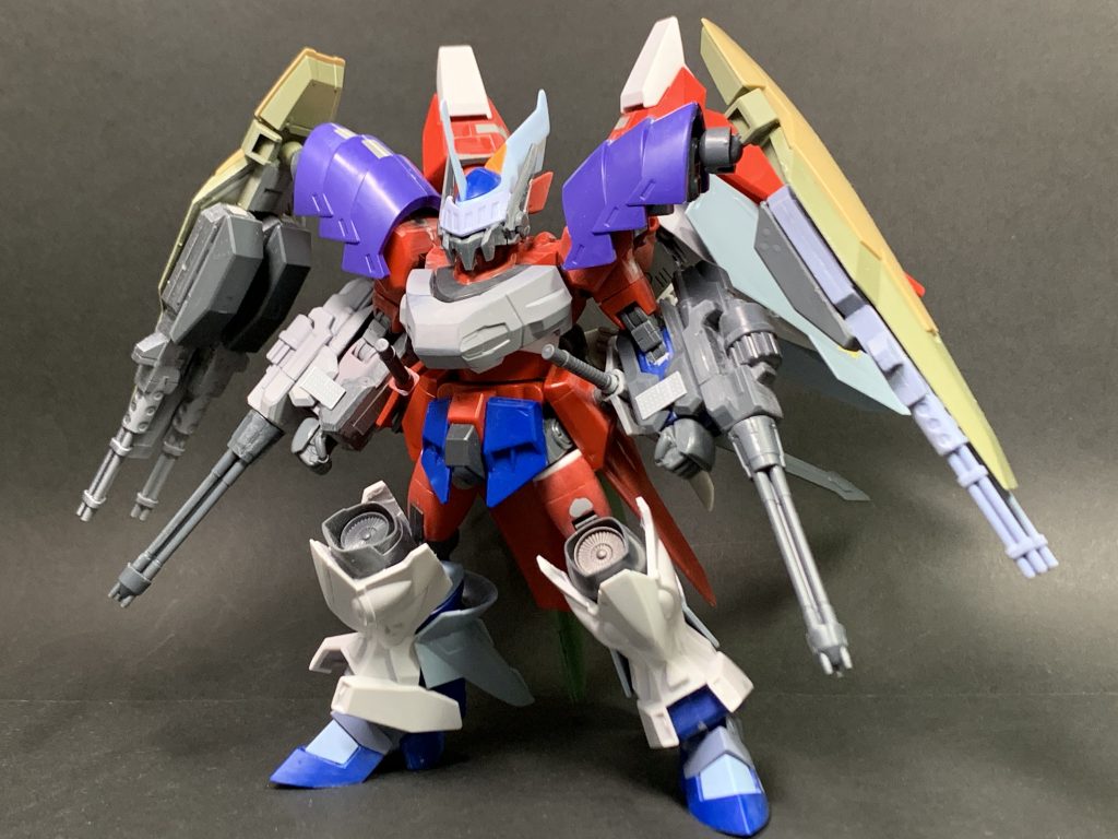 ミキシング状態。一部サフを吹いてますが、どこに何を使っているかわかるかと思います。主な使用パーツ30MMの他に、肩とバイザーにヴァリュアブルポッド、脚アーマーにロードアストレイダブルリベイク、シールドにGN-XⅣを使用してます。