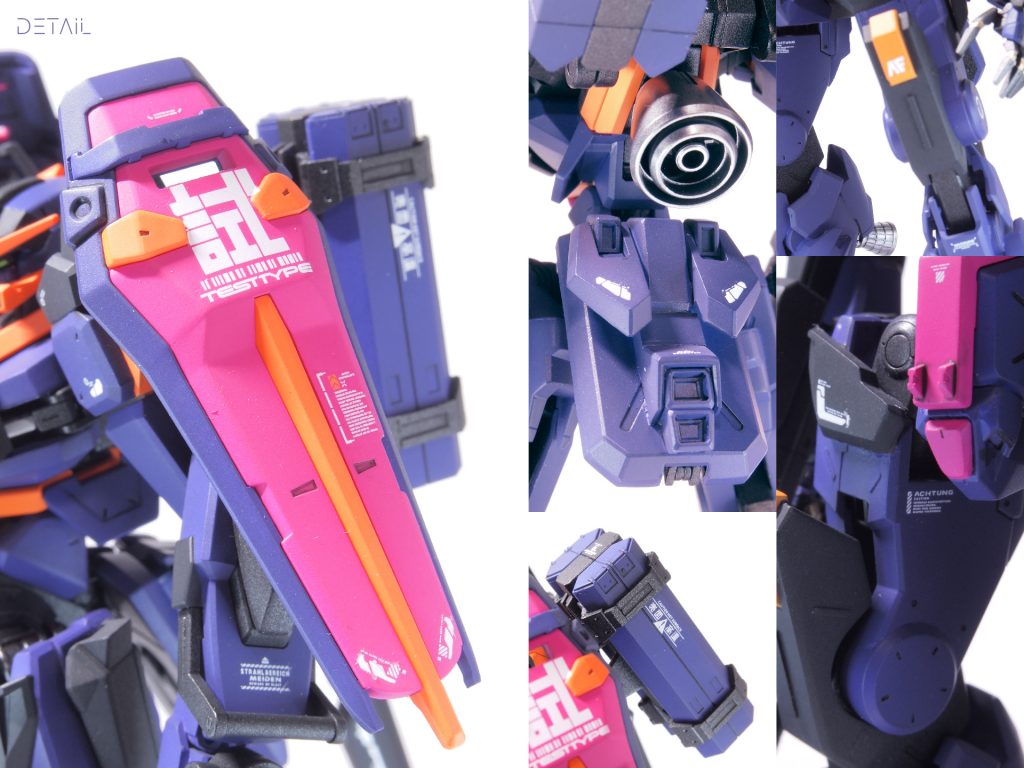 ディテール。配色は「ダークかつビビット」にし、「悪役だけど終盤仲間になるライバル機」みたいなイメージで塗装しました。デカールは「MYKデザイン」「ハイキューパーツ」さんのものをメインに多めに貼っています。